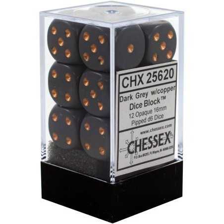 SET DE 12 DADOS D6 16MM OPACOS GRIS C/COBRE
