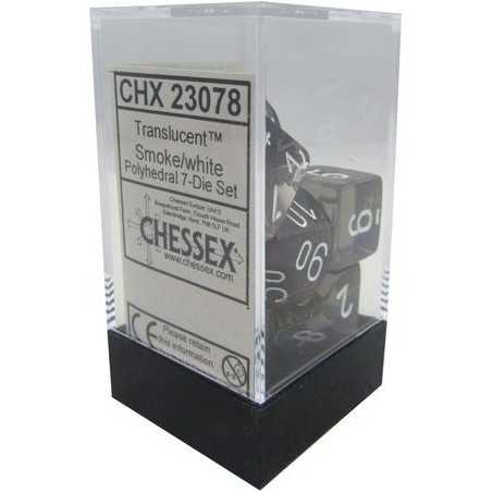 SET DE 7 DADOS TRASLUCIDOS HUMO C/BLANCO