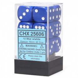 SET DE 12 DADOS D6 16MM OPACOS AZUL C/BLANCO