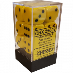 SET DE 12 DADOS D6 16MM OPACOS AMARILLO C/NEGRO