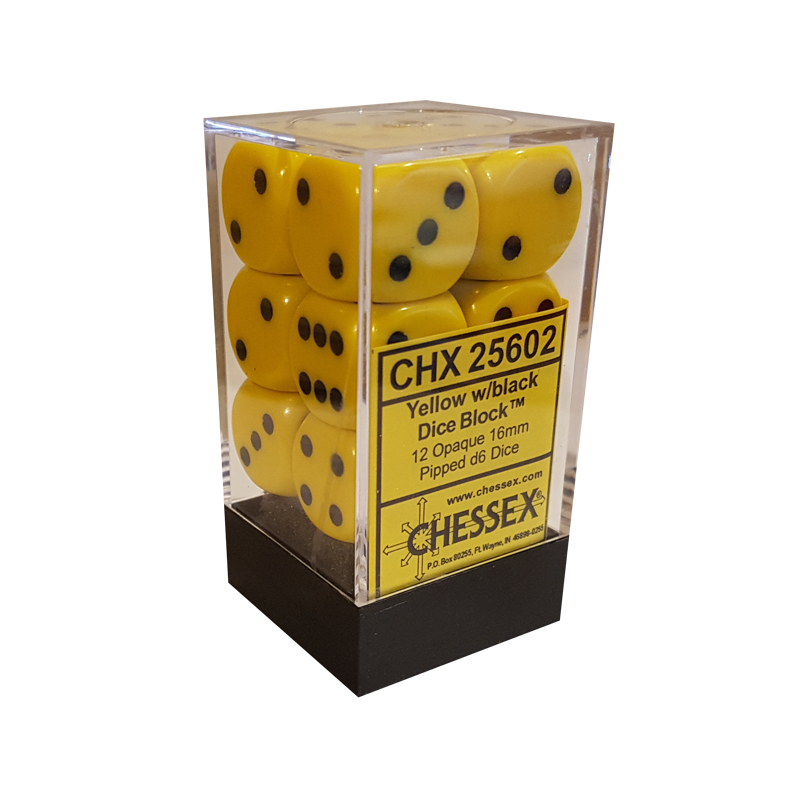 SET DE 12 DADOS D6 16MM OPACOS AMARILLO C/NEGRO