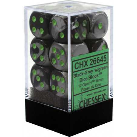 SET DE 12 DADOS D6 16MM GEMINI NEGRO-GRIS C/VERDE
