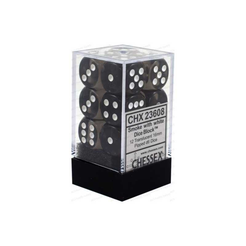 SET DE 12 DADOS TRASLUCIDOS HUMO C/BLANCO